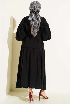 Gizli Düğmeli Kuşaklı Modal Etekli Takım Siyah - İkili Takım