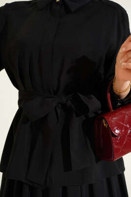 Gizli Düğmeli Kuşaklı Modal Etekli Takım Siyah - İkili Takım