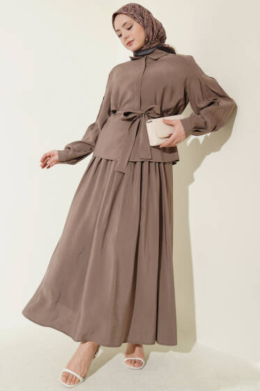 Gizli Düğmeli Kuşaklı Modal Etekli Takım Vizon - İkili Takım