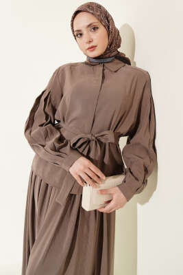 Gizli Düğmeli Kuşaklı Modal Etekli Takım Vizon - İkili Takım