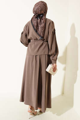 Gizli Düğmeli Kuşaklı Modal Etekli Takım Vizon - İkili Takım