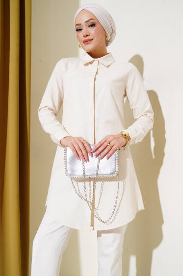 Gizli Düğmeli Patlı Gömlek Bej - Gömlek