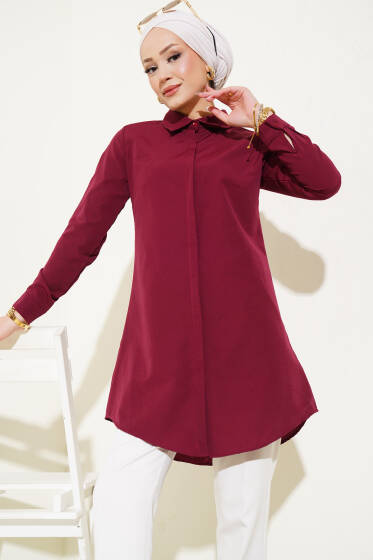 Gizli Düğmeli Patlı Gömlek Bordo - Gömlek