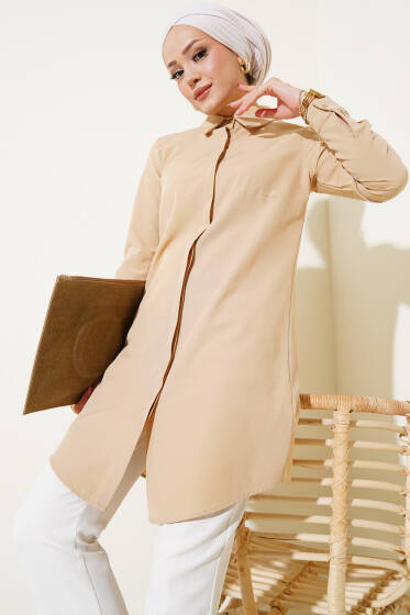 Gizli Düğmeli Patlı Gömlek Camel - Gömlek