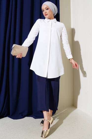 Gizli Düğmeli Patlı Gömlek Ekru - Gömlek