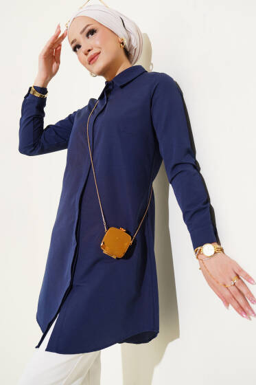 Gizli Düğmeli Patlı Gömlek Lacivert - Gömlek