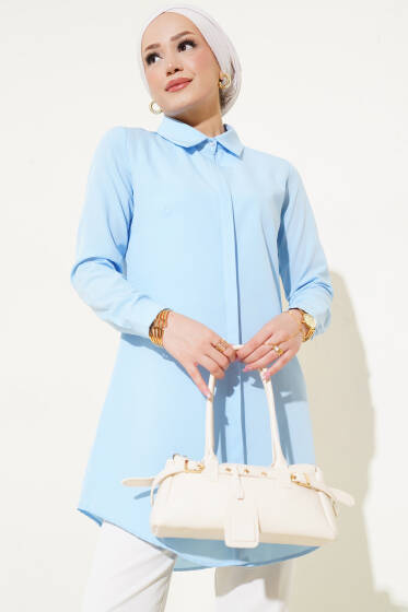 Gizli Düğmeli Patlı Gömlek Mavi - Gömlek
