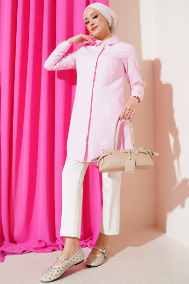Gizli Düğmeli Patlı Gömlek Pembe - Gömlek