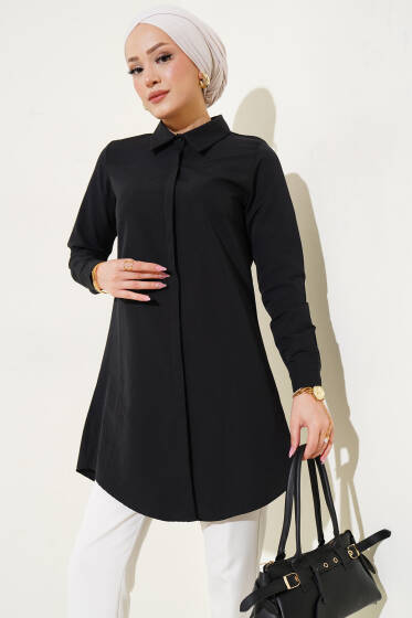 Gizli Düğmeli Patlı Gömlek Siyah - Gömlek