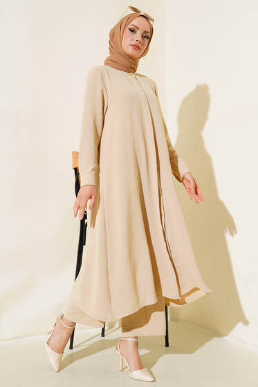 Gizli Düğmeli Salaş İkili Takım Bej - İkili Takım