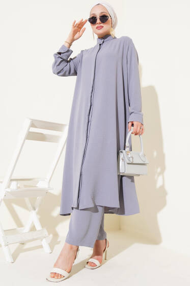 Gizli Düğmeli Salaş İkili Takım Gri - İkili Takım