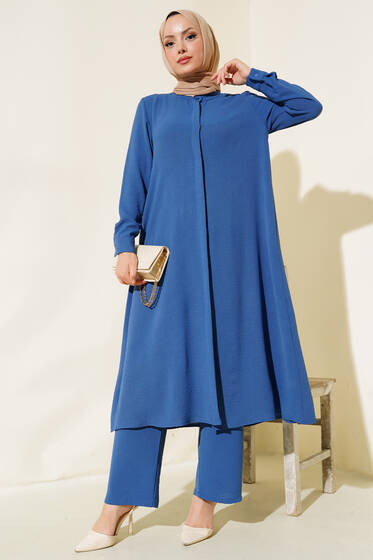 Gizli Düğmeli Salaş İkili Takım İndigo - İkili Takım