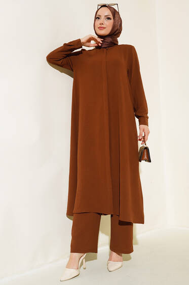 Gizli Düğmeli Salaş İkili Takım Kahve - İkili Takım