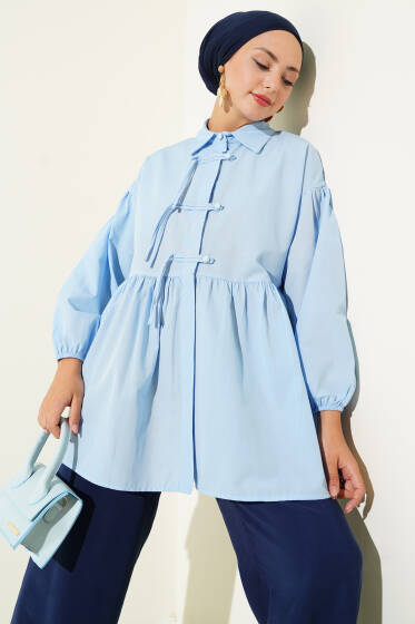 Gizli Düğmeli Top Düğmeli Gömlek Mavi - Gömlek
