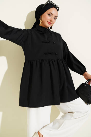Gizli Düğmeli Top Düğmeli Gömlek Siyah - Gömlek
