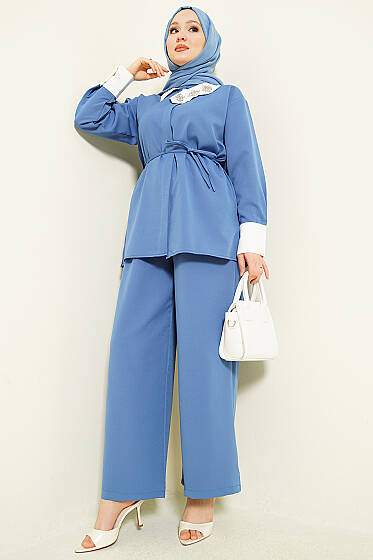 Gizli Düğmeli Yakası Taşlı İkili Takım İndigo - İkili Takım