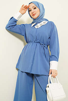 Gizli Düğmeli Yakası Taşlı İkili Takım İndigo - İkili Takım