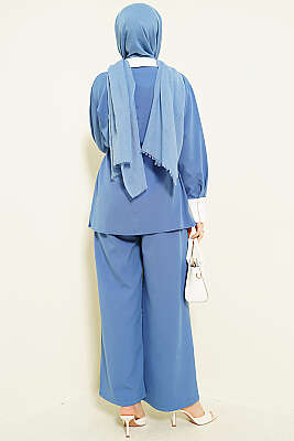 Gizli Düğmeli Yakası Taşlı İkili Takım İndigo - İkili Takım