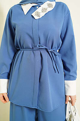 Gizli Düğmeli Yakası Taşlı İkili Takım İndigo - İkili Takım