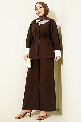 Gizli Düğmeli Yakası Taşlı İkili Takım Kahve - HATUN