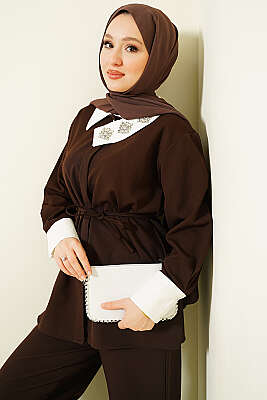 Gizli Düğmeli Yakası Taşlı İkili Takım Kahve - İkili Takım