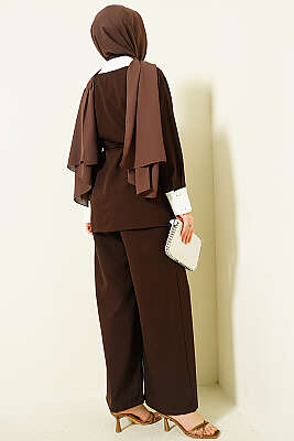 Gizli Düğmeli Yakası Taşlı İkili Takım Kahve - İkili Takım