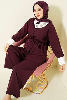 Gizli Düğmeli Yakası Taşlı İkili Takım Mürdüm - HATUN