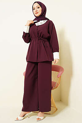 Gizli Düğmeli Yakası Taşlı İkili Takım Mürdüm - İkili Takım