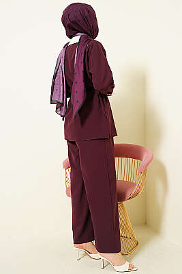 Gizli Düğmeli Yakası Taşlı İkili Takım Mürdüm - İkili Takım