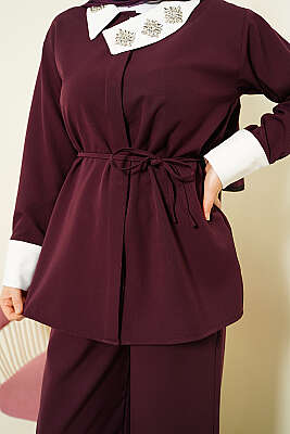 Gizli Düğmeli Yakası Taşlı İkili Takım Mürdüm - İkili Takım