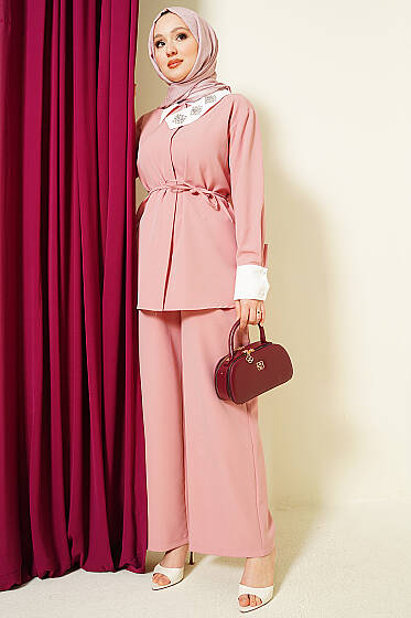 Gizli Düğmeli Yakası Taşlı İkili Takım Pudra - İkili Takım