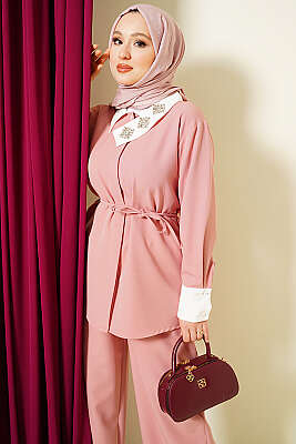 Gizli Düğmeli Yakası Taşlı İkili Takım Pudra - İkili Takım