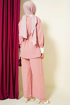 Gizli Düğmeli Yakası Taşlı İkili Takım Pudra - İkili Takım