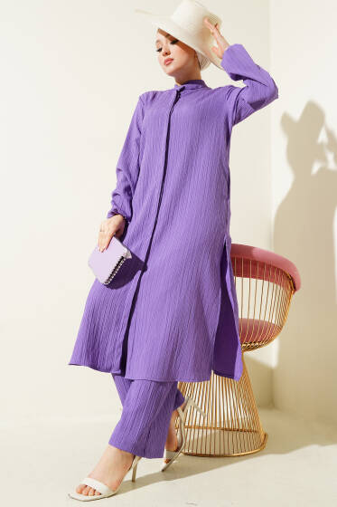 Gizli Düğmeli Yan Yırtmaçlı Uzun Tunik Takım Lila - İkili Takım