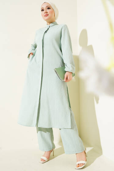 Gizli Düğmeli Yan Yırtmaçlı Uzun Tunik Takım Mint - İkili Takım
