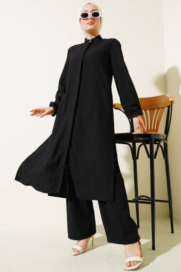 Gizli Düğmeli Yan Yırtmaçlı Uzun Tunik Takım Siyah - İkili Takım