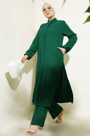 Gizli Düğmeli Yan Yırtmaçlı Uzun Tunik Takım Zümrüt - İkili Takım