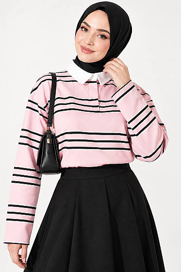 Gizli Düğmeli Yatay Çizgili Tunik Pembe - Tunik