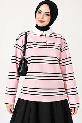 Gizli Düğmeli Yatay Çizgili Tunik Pembe - Tunik