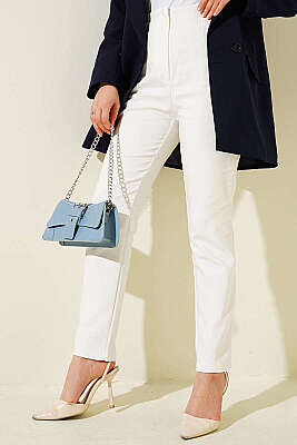 Gizli Fermuarlı Dar Paça Pantolon Beyaz - FİLİZ TEKSTİL