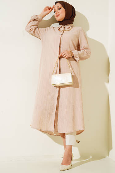 Gizli Pat Uzun Gömlek Bej - Gömlek