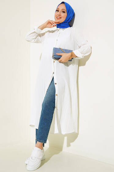 Gizli Pat Uzun Gömlek Beyaz - Gömlek
