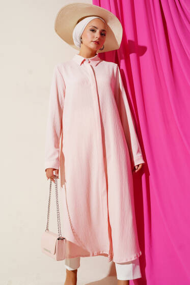 Gizli Pat Uzun Gömlek Pudra - Gömlek