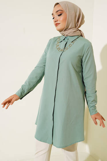 Gizli Patlı Uzun Gömlek Çağla Yeşili - Gömlek