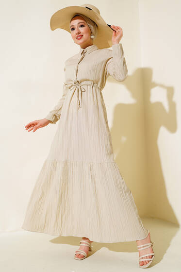 Gizli Yarım Düğmeli Elbise Bej - Elbise