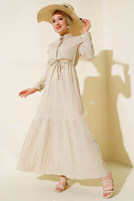 Gizli Yarım Düğmeli Elbise Bej 