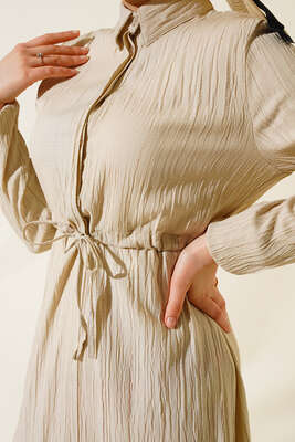 Gizli Yarım Düğmeli Elbise Bej - Tesettür Elbise