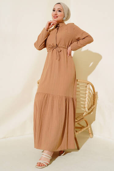 Gizli Yarım Düğmeli Elbise Camel - Elbise