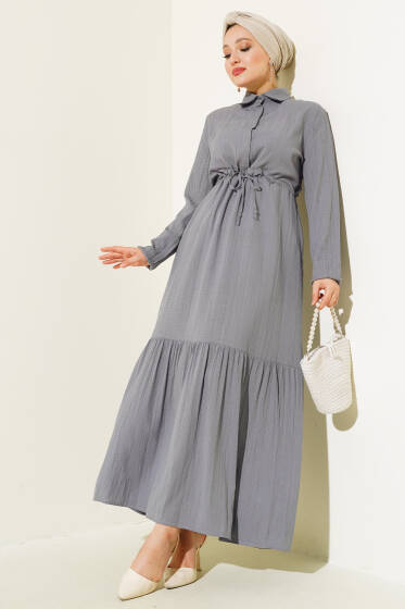 Gizli Yarım Düğmeli Elbise Gri - Elbise
