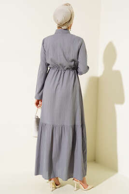 Gizli Yarım Düğmeli Elbise Gri - Tesettür Elbise